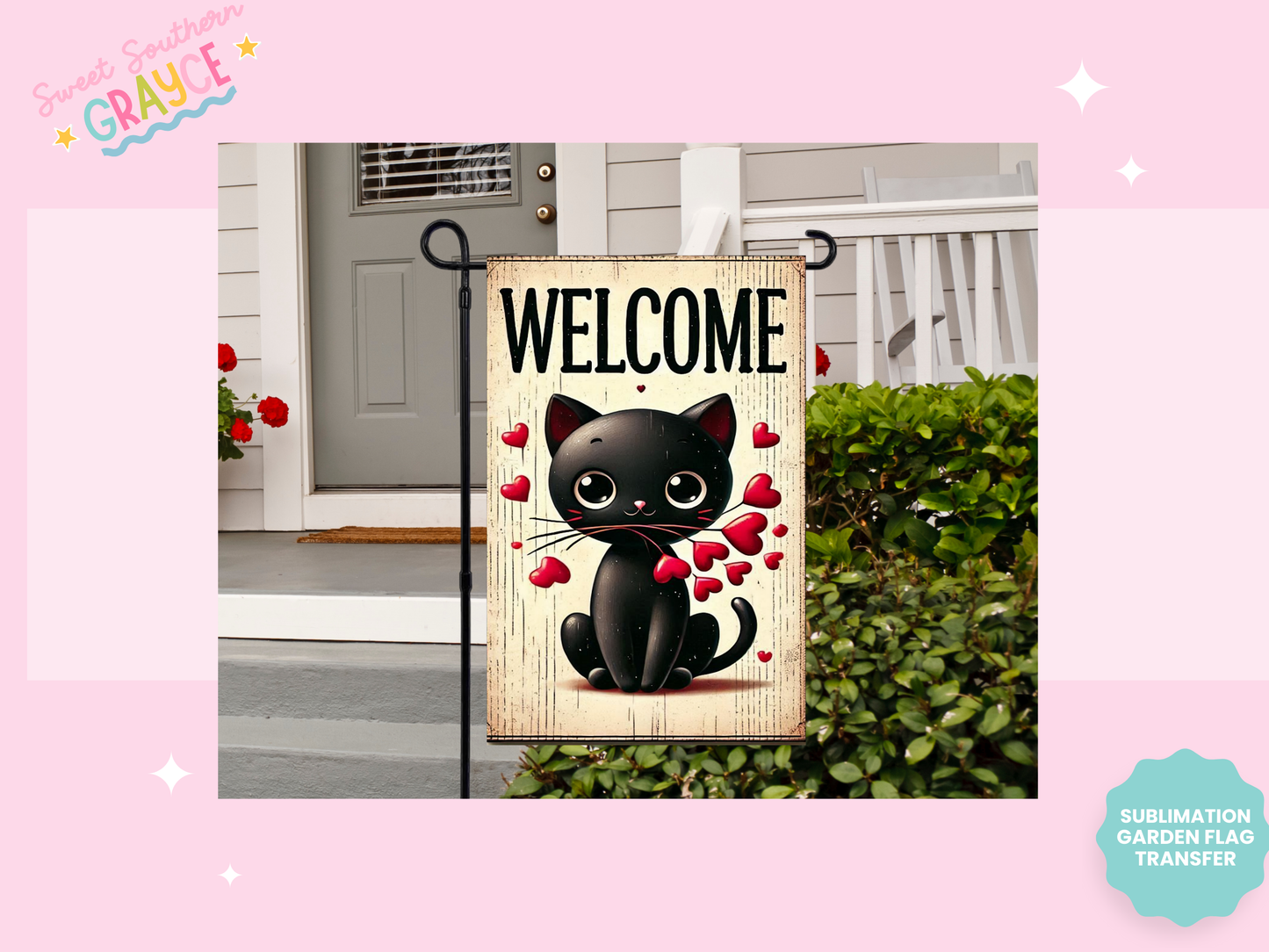 GARDEN FLAG SUBLIMATION TRANSFER - WELCOME BLACK CAT