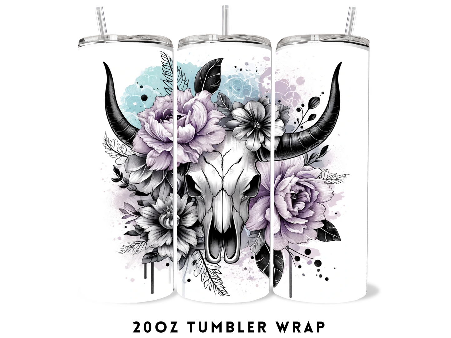 20oz SUBLIMATION TRANSFER- PASTEL BULL SKULL