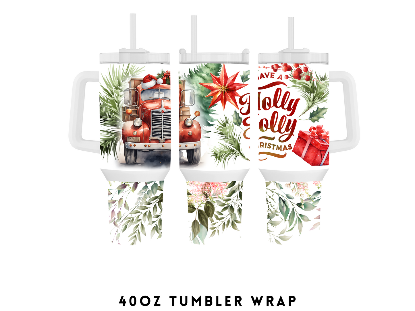 40oz SUBLIMATION TRANSFER- HOLLY JOLLY RED TRUCK