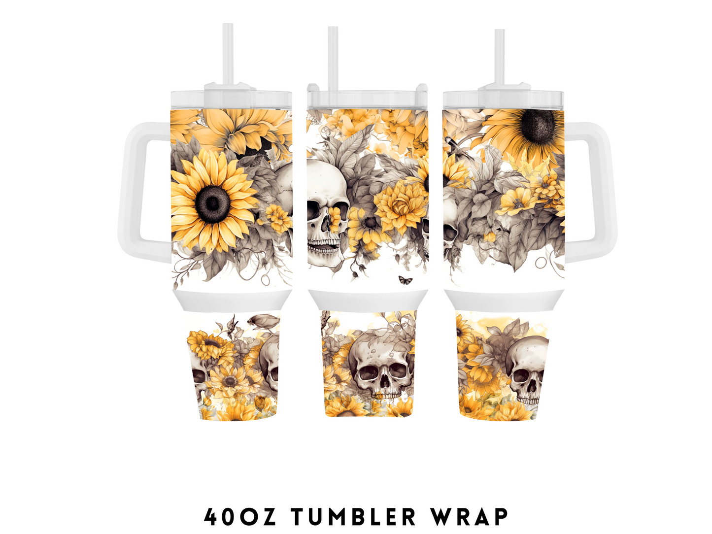 40oz SUBLIMATION TRANSFER- SKULL SUNFLOWERS