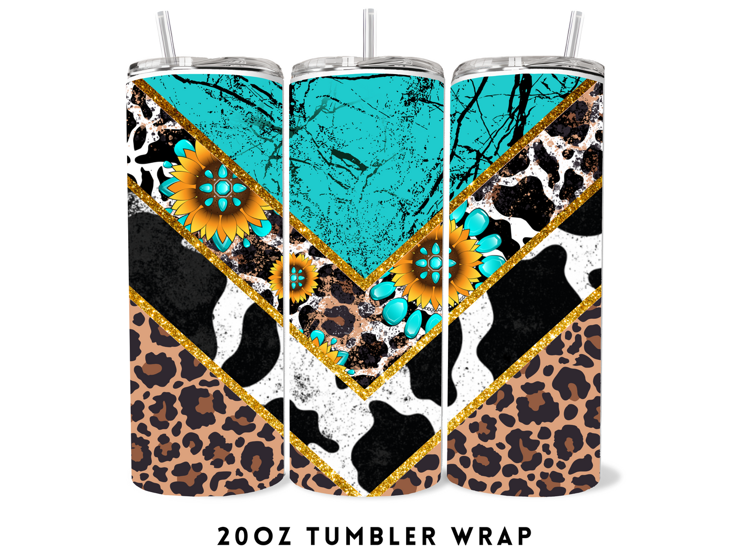 20oz SUBLIMATION TRANSFER- TURQ SUNFLOWER COWHIDE