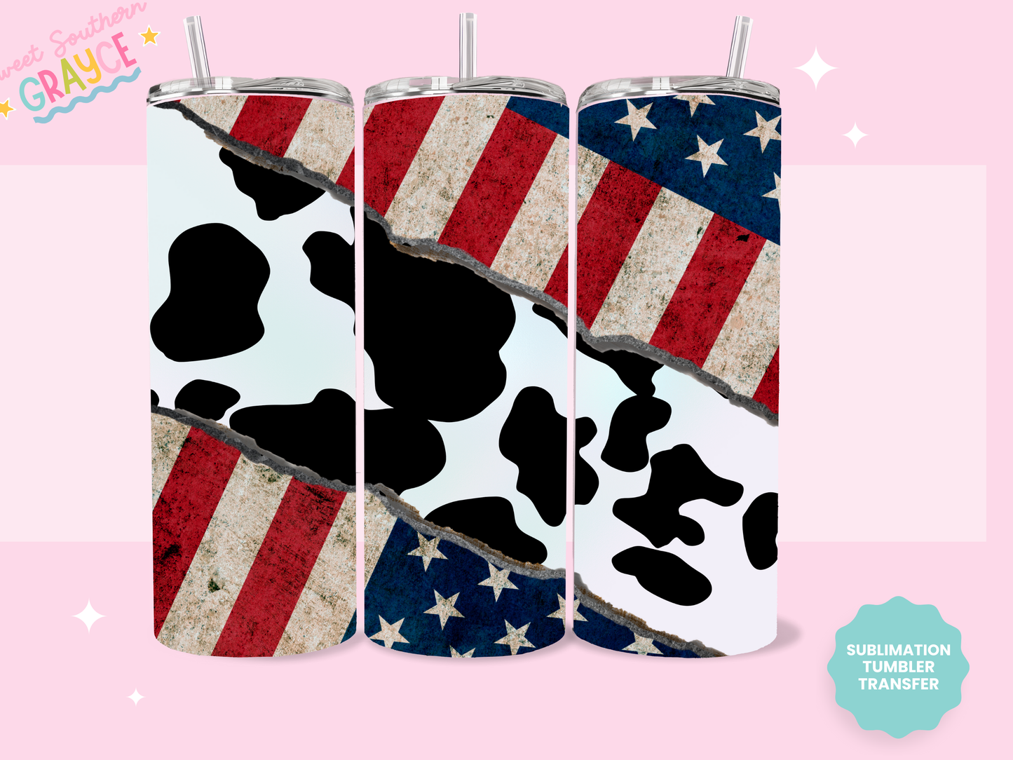 20oz SUBLIMATION TRANSFER - COW PRINT AMERICAN FLAG