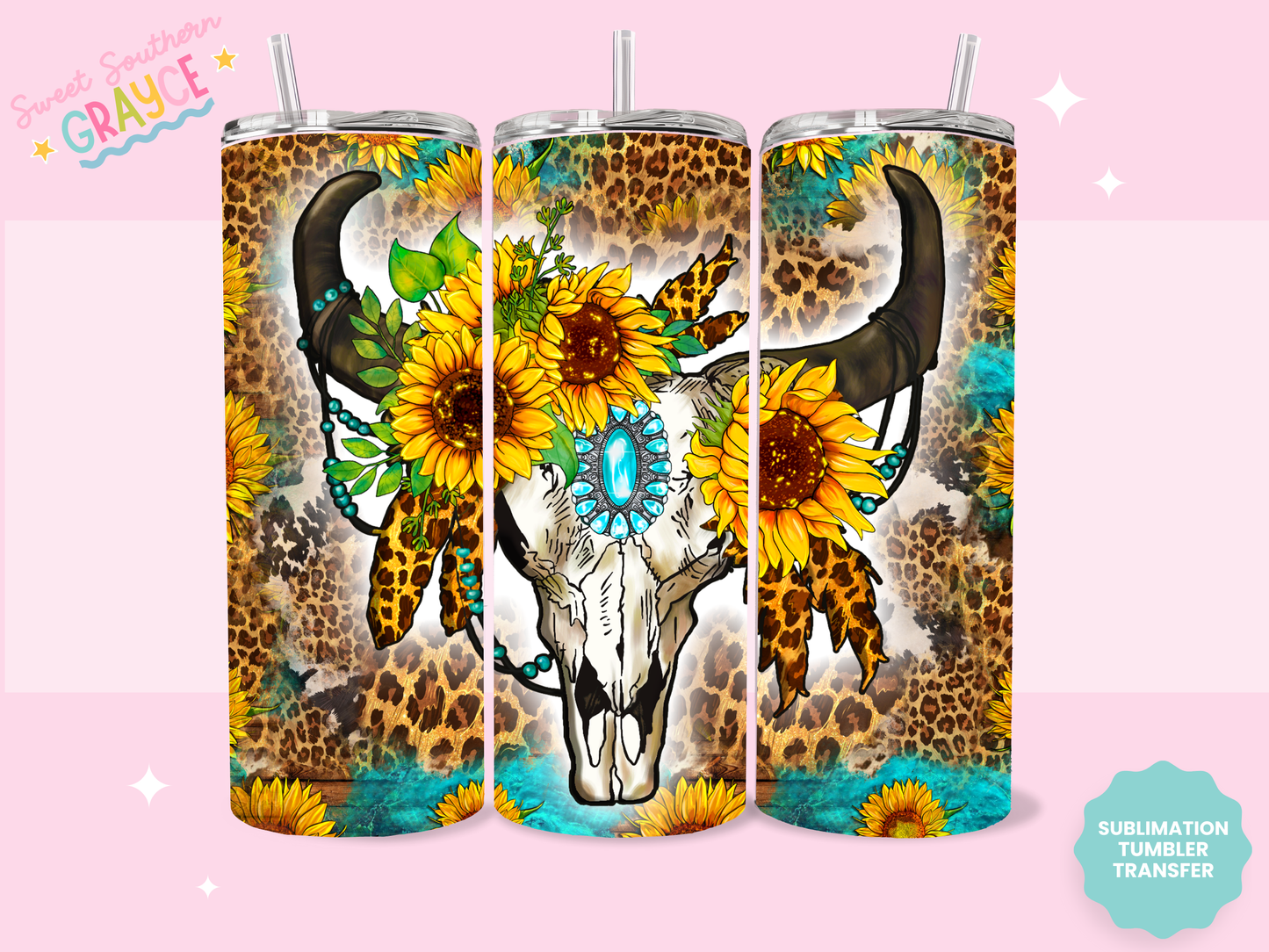 20oz SUBLIMATION TRANSFER - SUNFLOWER BULL SKULL