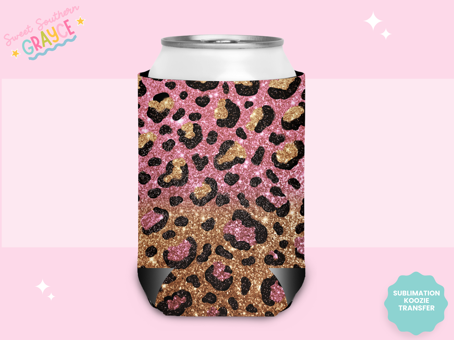 CAN KOOZIE SUB TRANSFER - PINK AND GOLD GLITTER CHEETAH