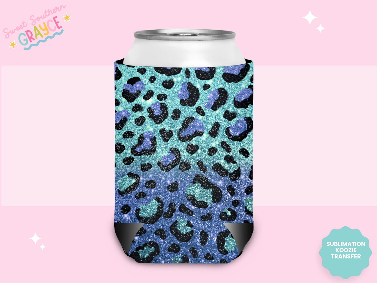 CAN KOOZIE SUB TRANSFER - BLUE AND PURPLE GLITTER CHEETAH