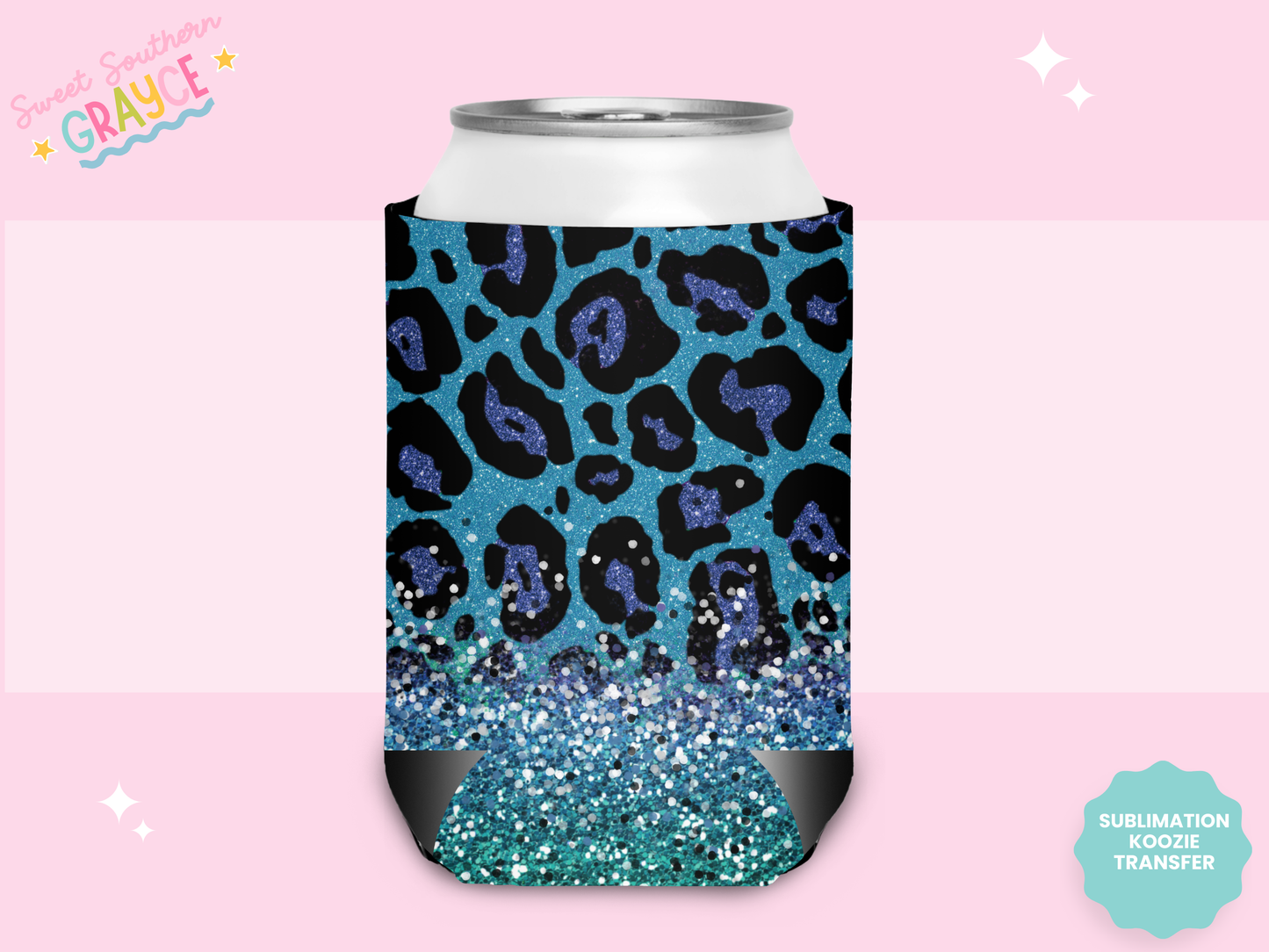 CAN KOOZIE SUB TRANSFER - BLUE GLITTER CHEETAH