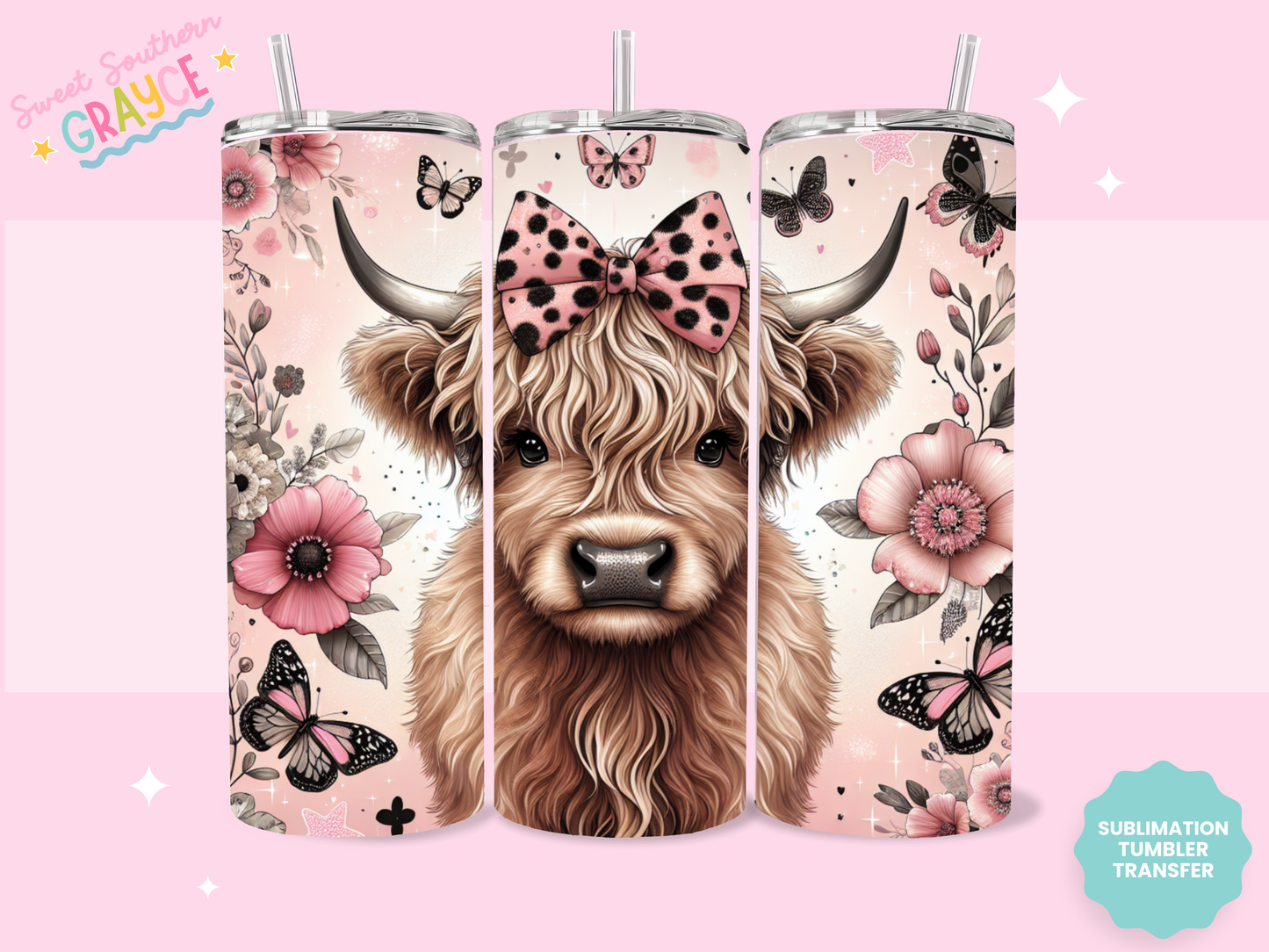 20oz SUBLIMATION TRANSFER - RUSTIC FLORAL HEIFER