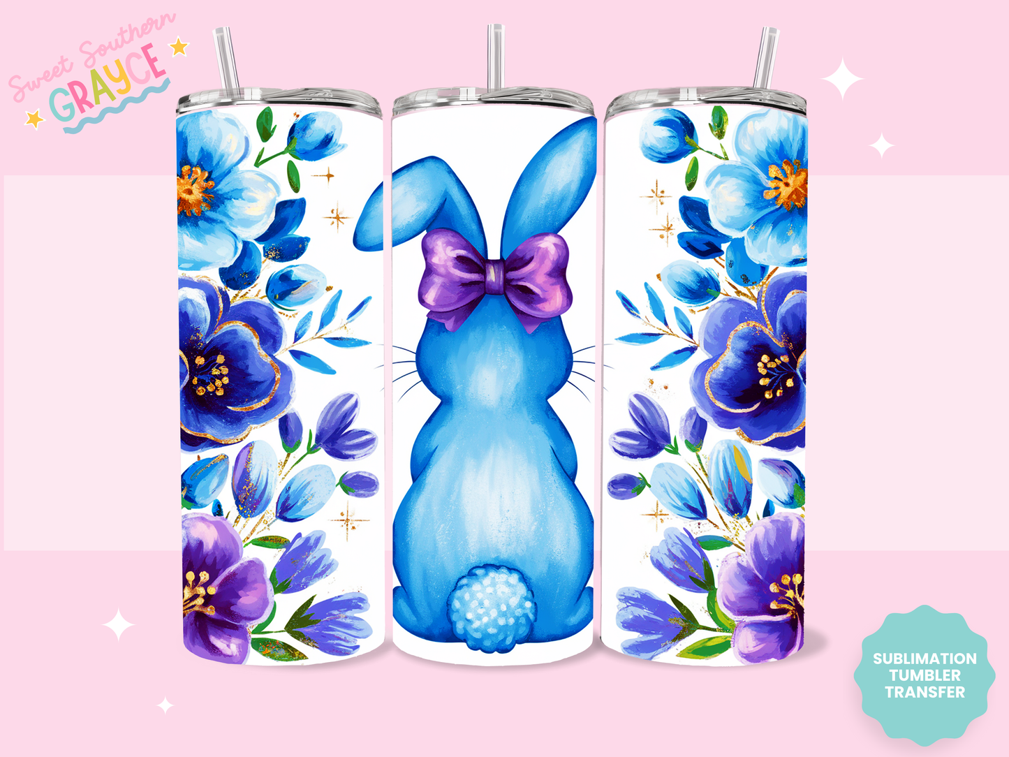 20oz SUBLIMATION TRANSFER - BLUE FLORAL BUNNY