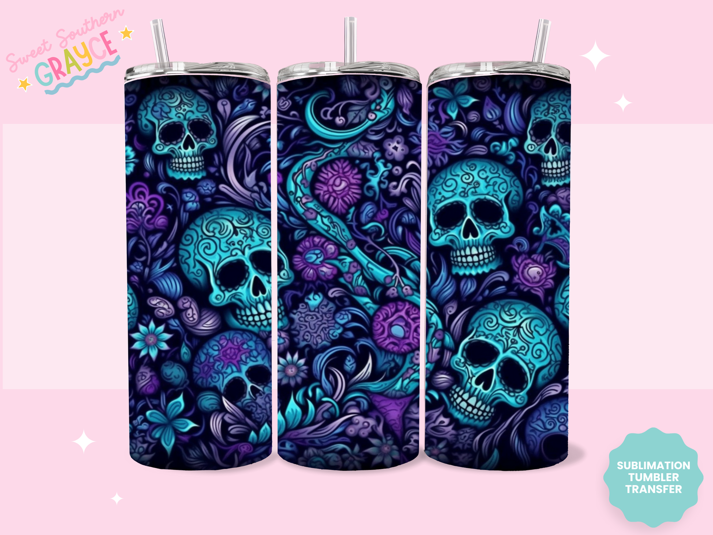 20oz SUBLIMATION TRANSFER - PURPLE AND TEAL SKULLS