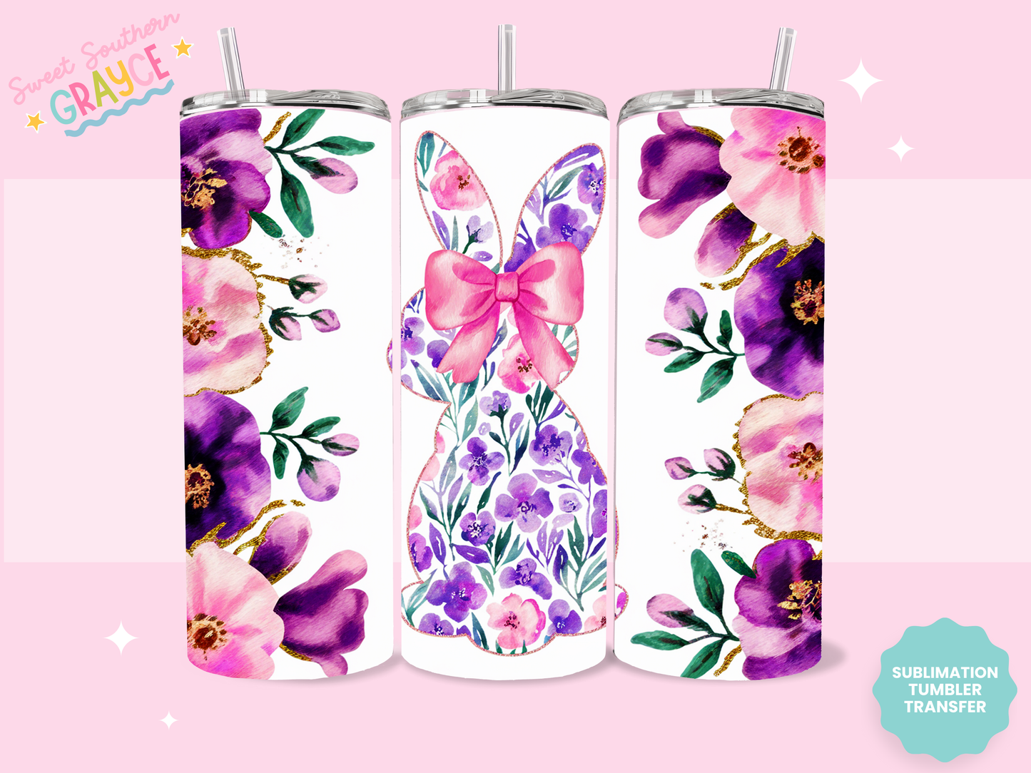 20oz SUBLIMATION TRANSFER - PINK FLORAL BUNNY