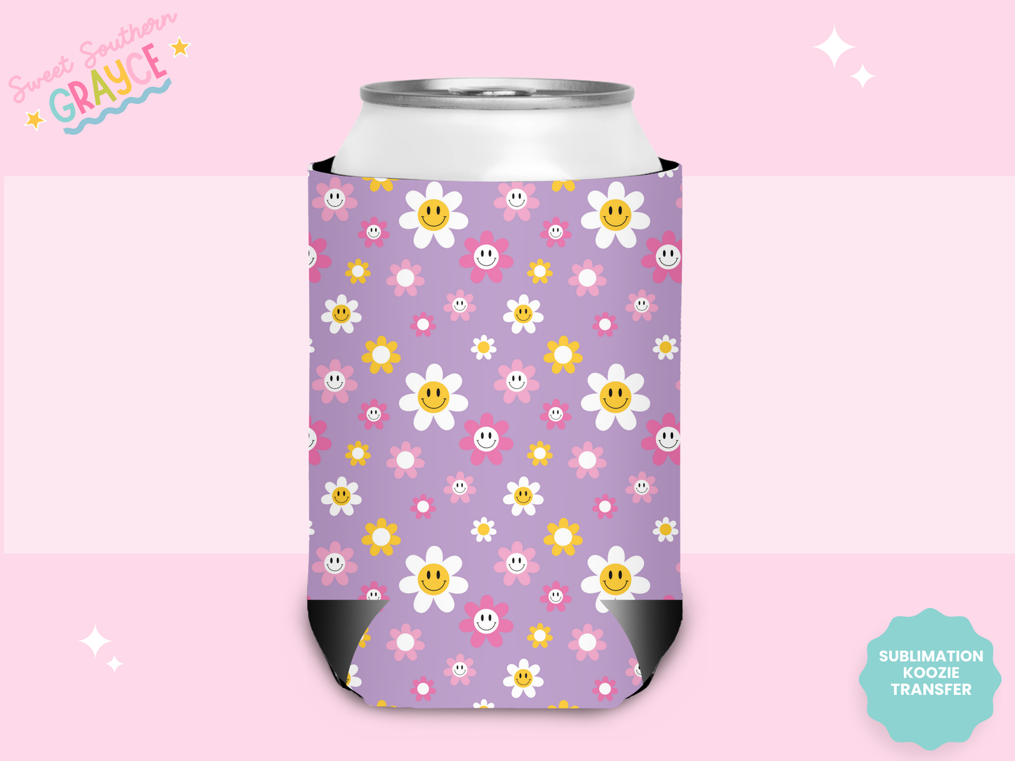 CAN KOOZIE SUB TRANSFER - PURPLE RETRO FLOWERS