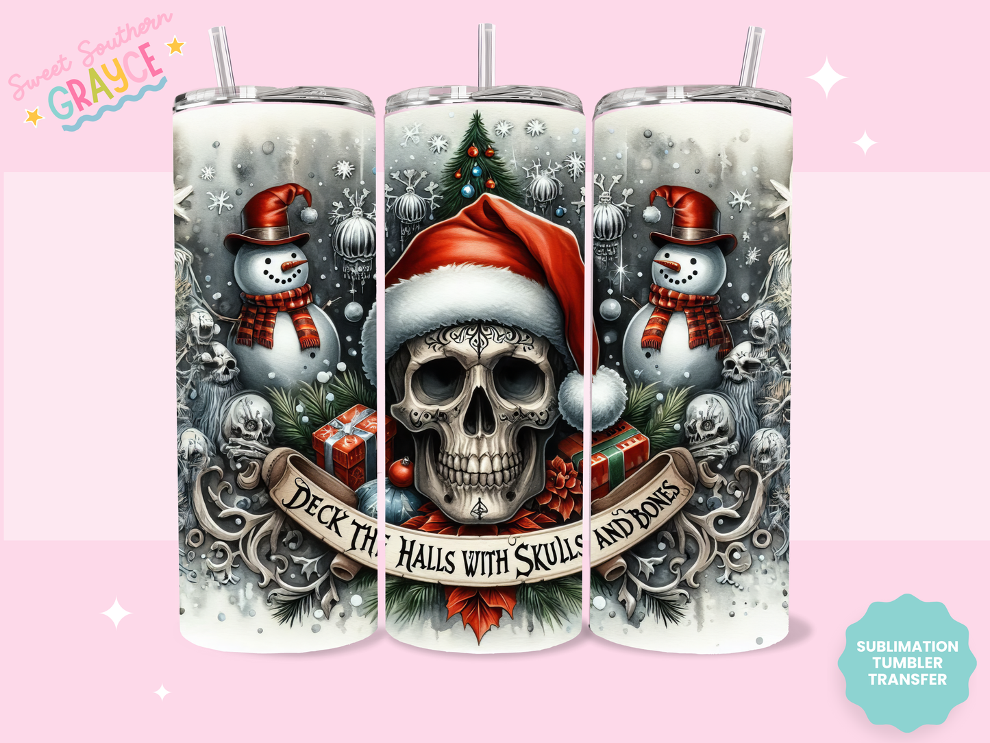 20oz SUBLIMATION TRANSFER - DECK THE HALLS SKULL