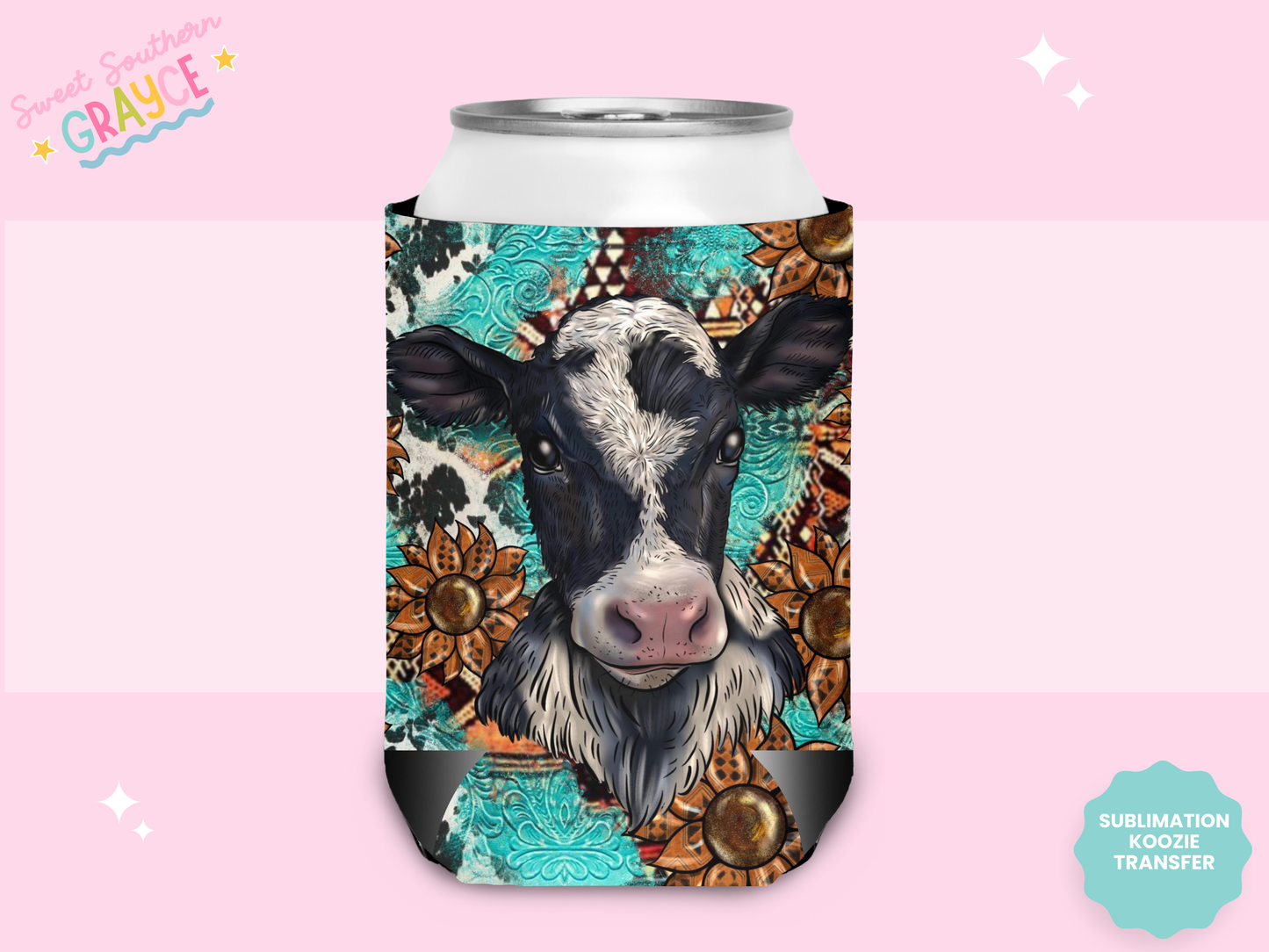 CAN KOOZIE SUB TRANSFER - BOHO COW TURQ