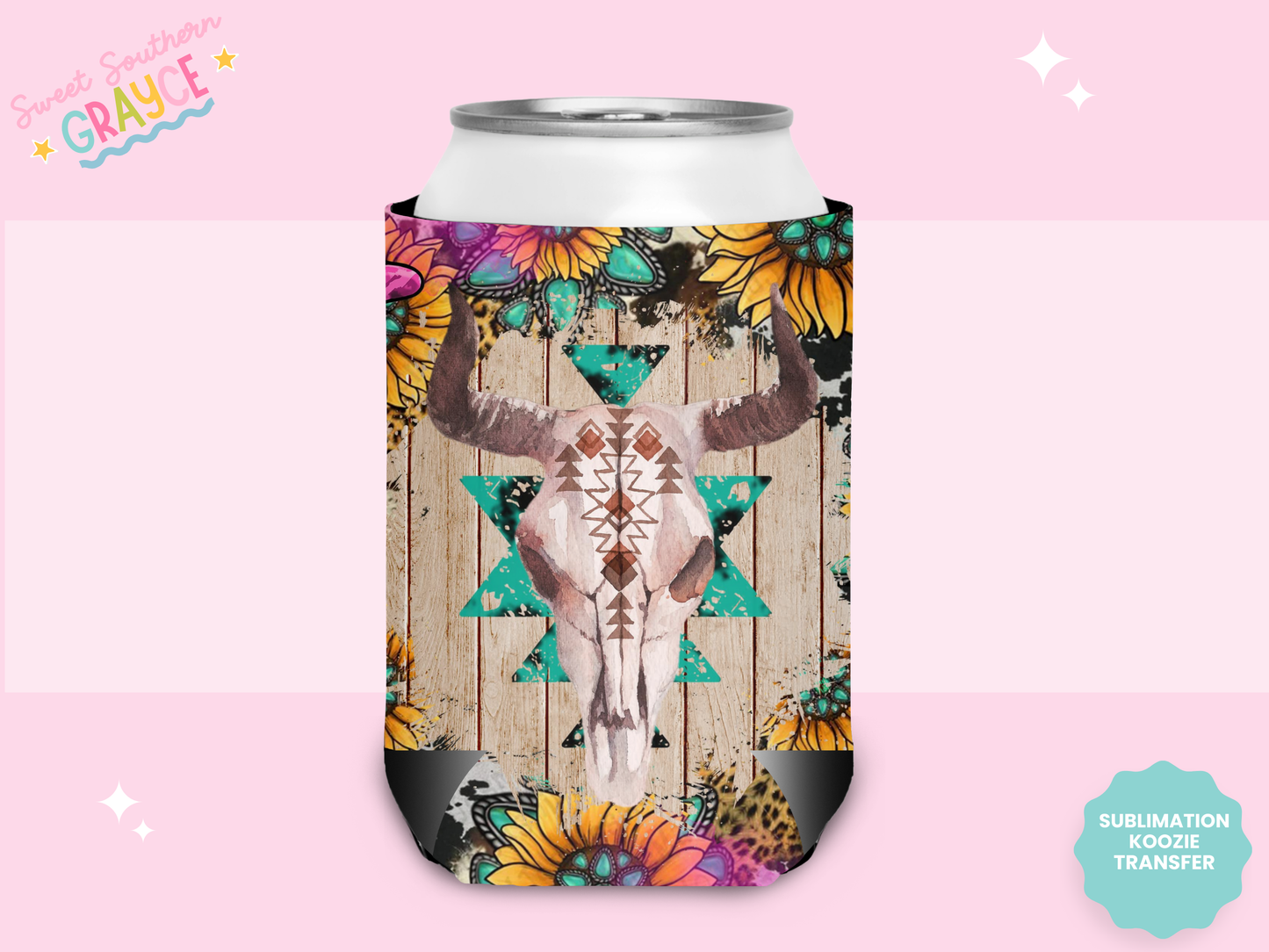 CAN KOOZIE SUB TRANSFER - BOHO SUNFLOWER SKULL