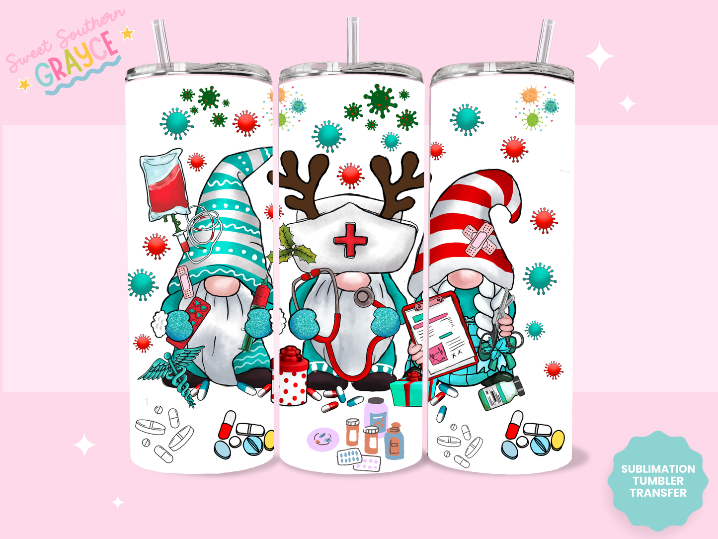 20oz SUBLIMATION TRANSFER - GNOME CHRISTMAS NURSE