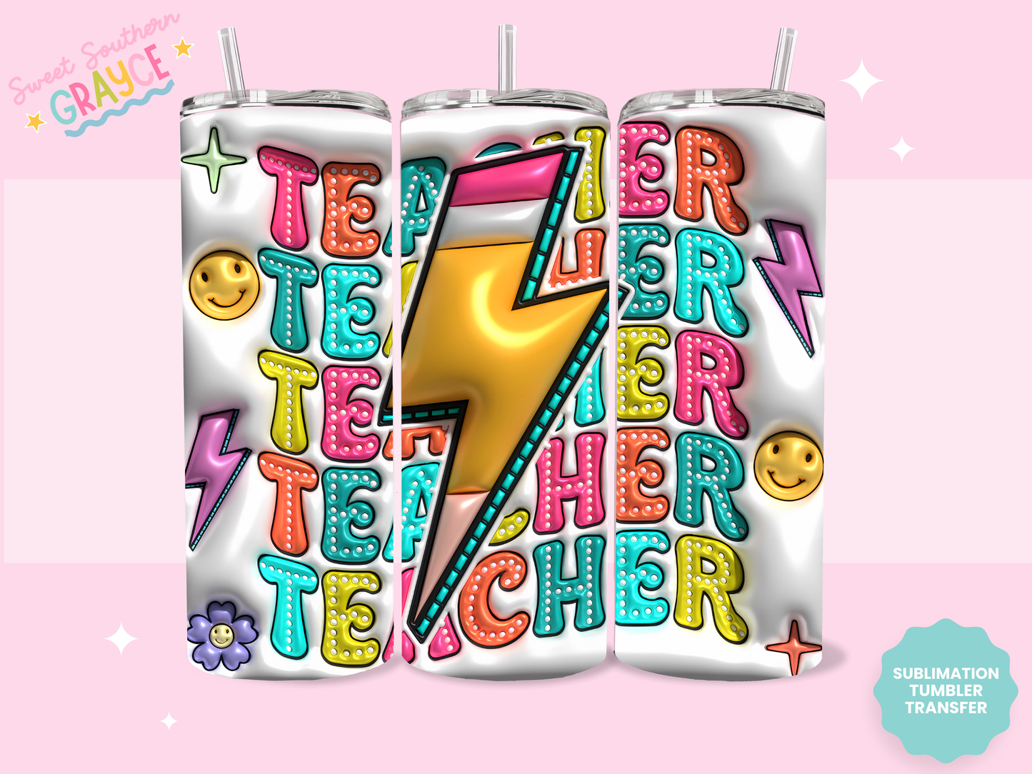 20oz SUBLIMATION TRANSFER - PUFFY TEACHER LIGHTING BOLT