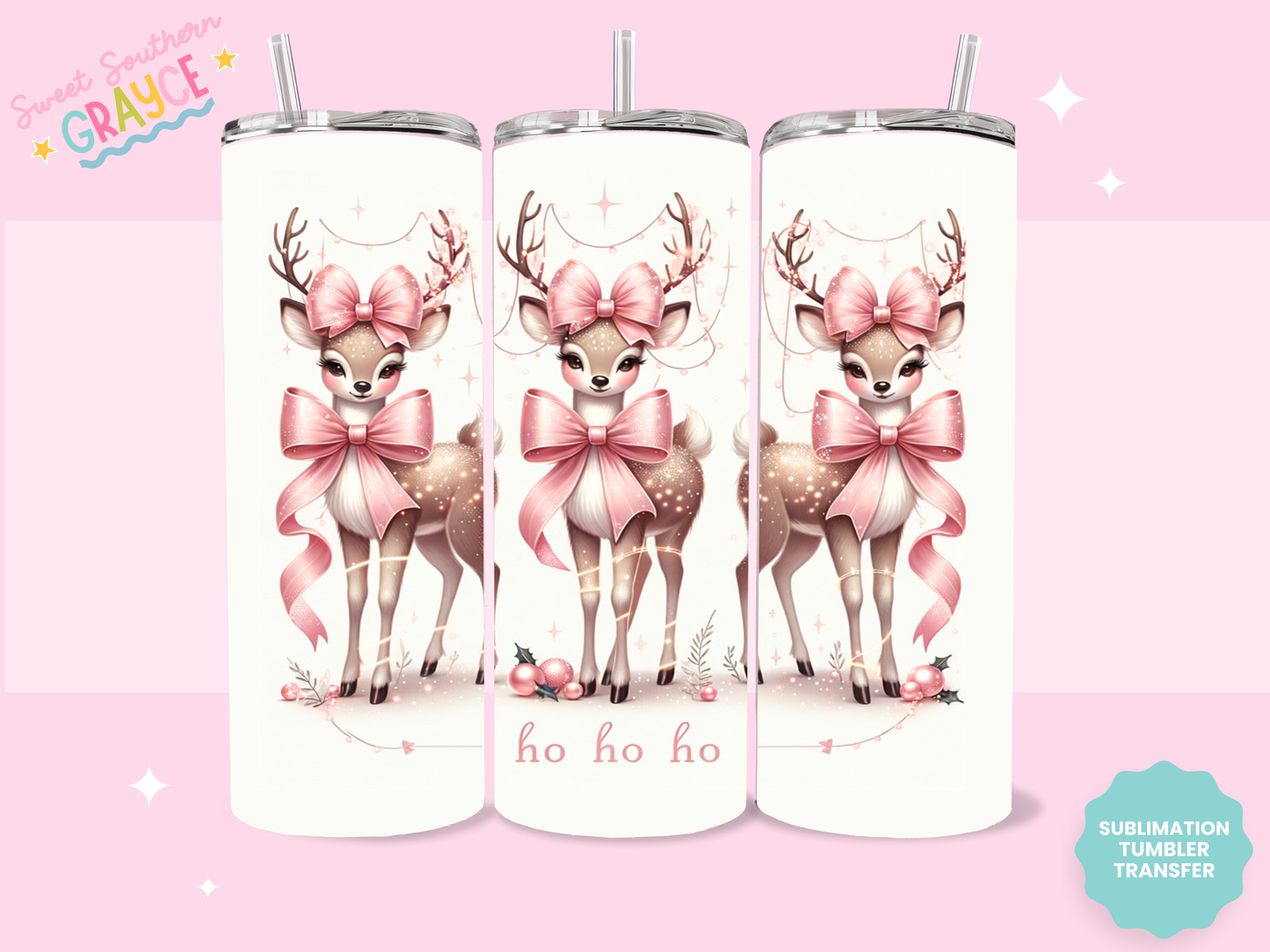 20oz SUBLIMATION TRANSFER - PINK BOW REINDEER