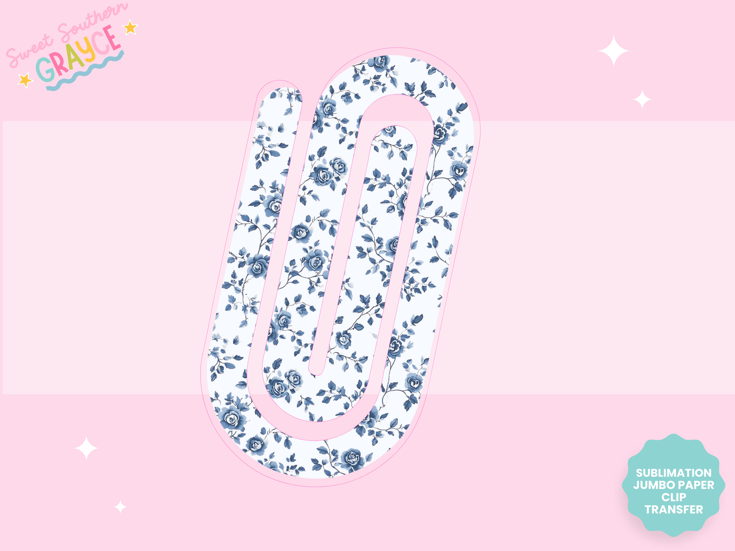 JUMBO PAPER CLIP SUB TRANSFER - WHITE AND BLUE FLOWERS