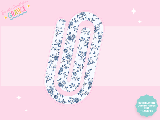 JUMBO PAPER CLIP SUB TRANSFER - WHITE AND BLUE FLOWERS