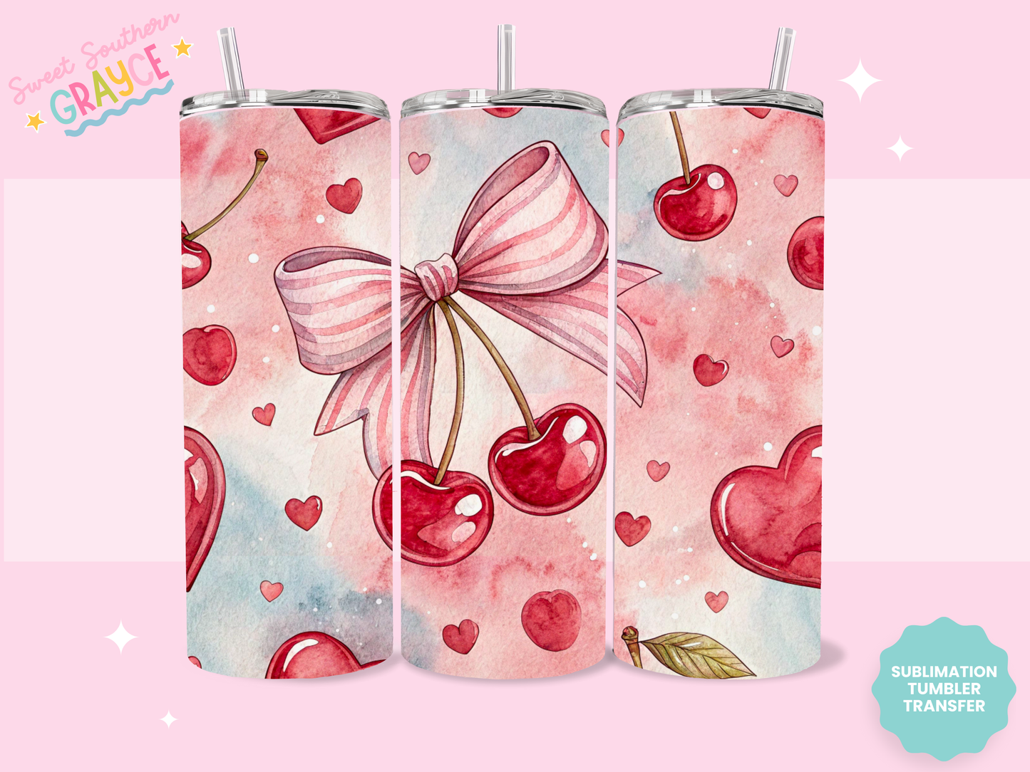 20oz SUBLIMATION TRANSFER - PINK CHERRY BOWS