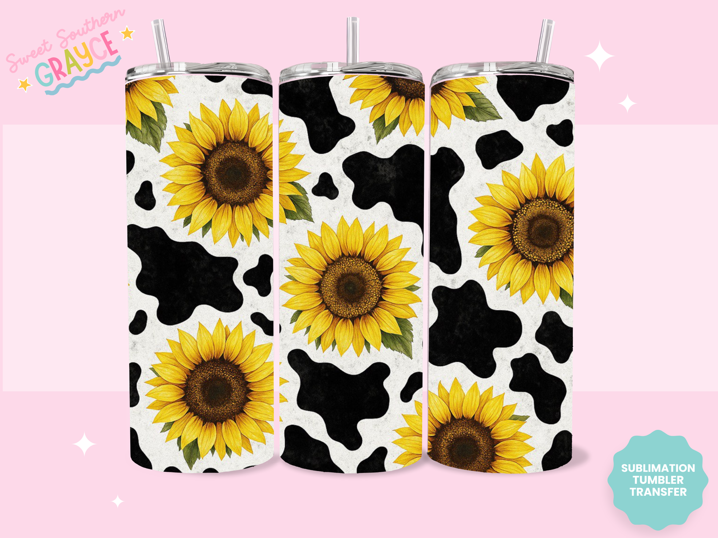 20oz SUBLIMATION TRANSFER- COW PRINT AND SUNFLOWERS