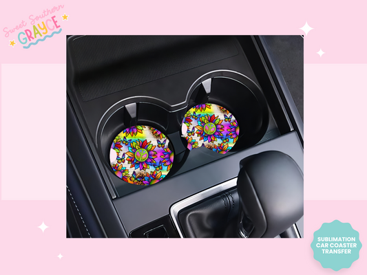 CAR COASTER SUBLIMATION TRANSFER - PEACE SUNFLOWERS