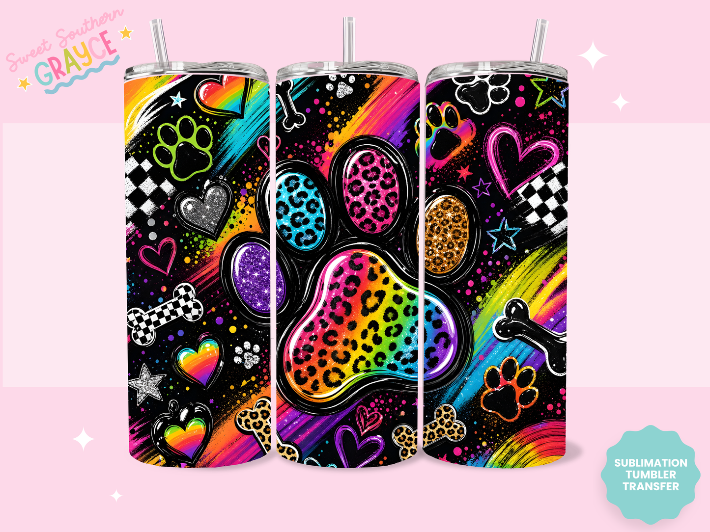 20oz SUBLIMATION TRANSFER- COLORFUL LEOPARD PAW