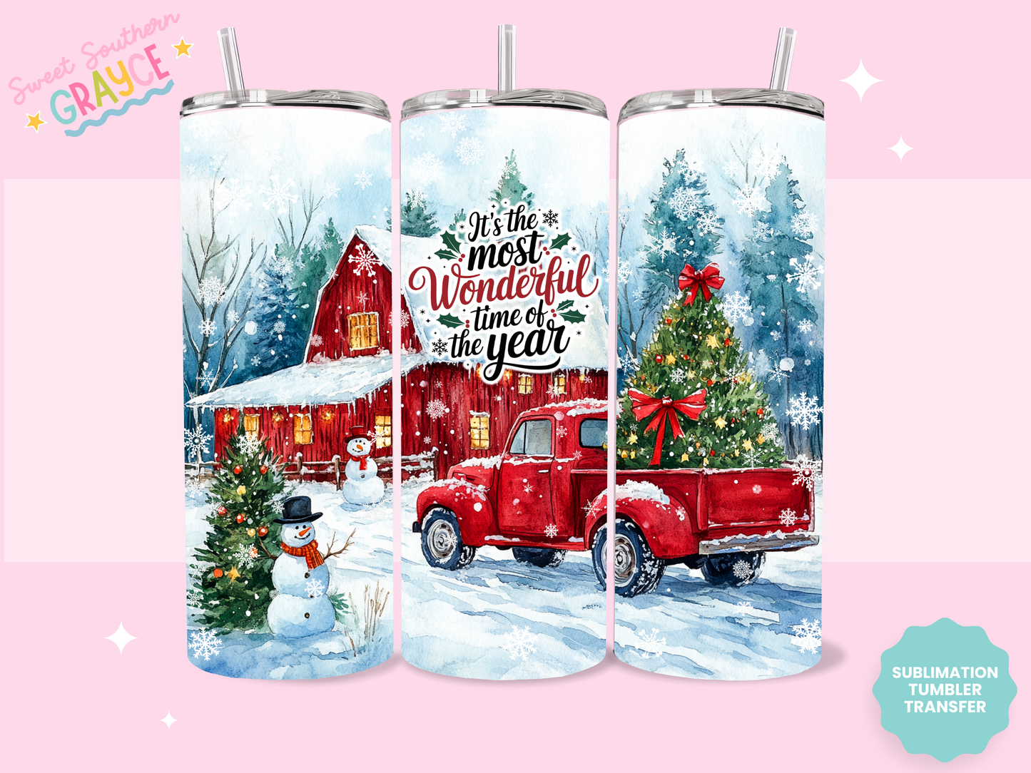 20oz SUBLIMATION TRANSFER - RED TRUCK CHRISTMAS