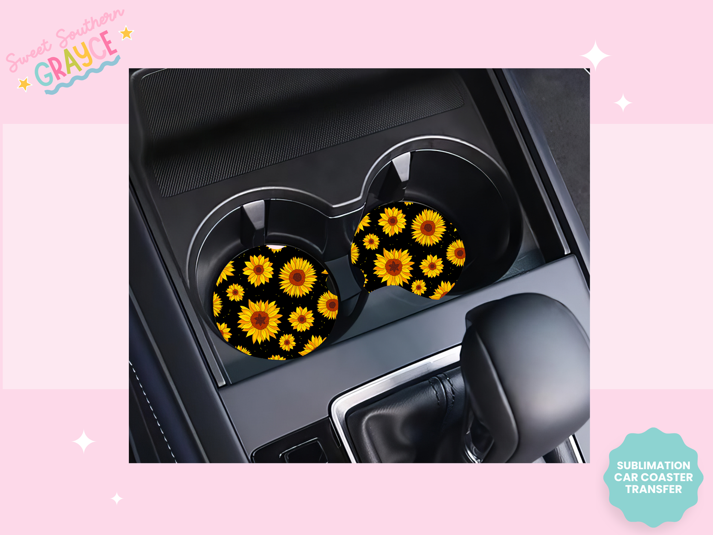 CAR COASTER SUBLIMATION TRANSFER - BLACK SUNFLOWER