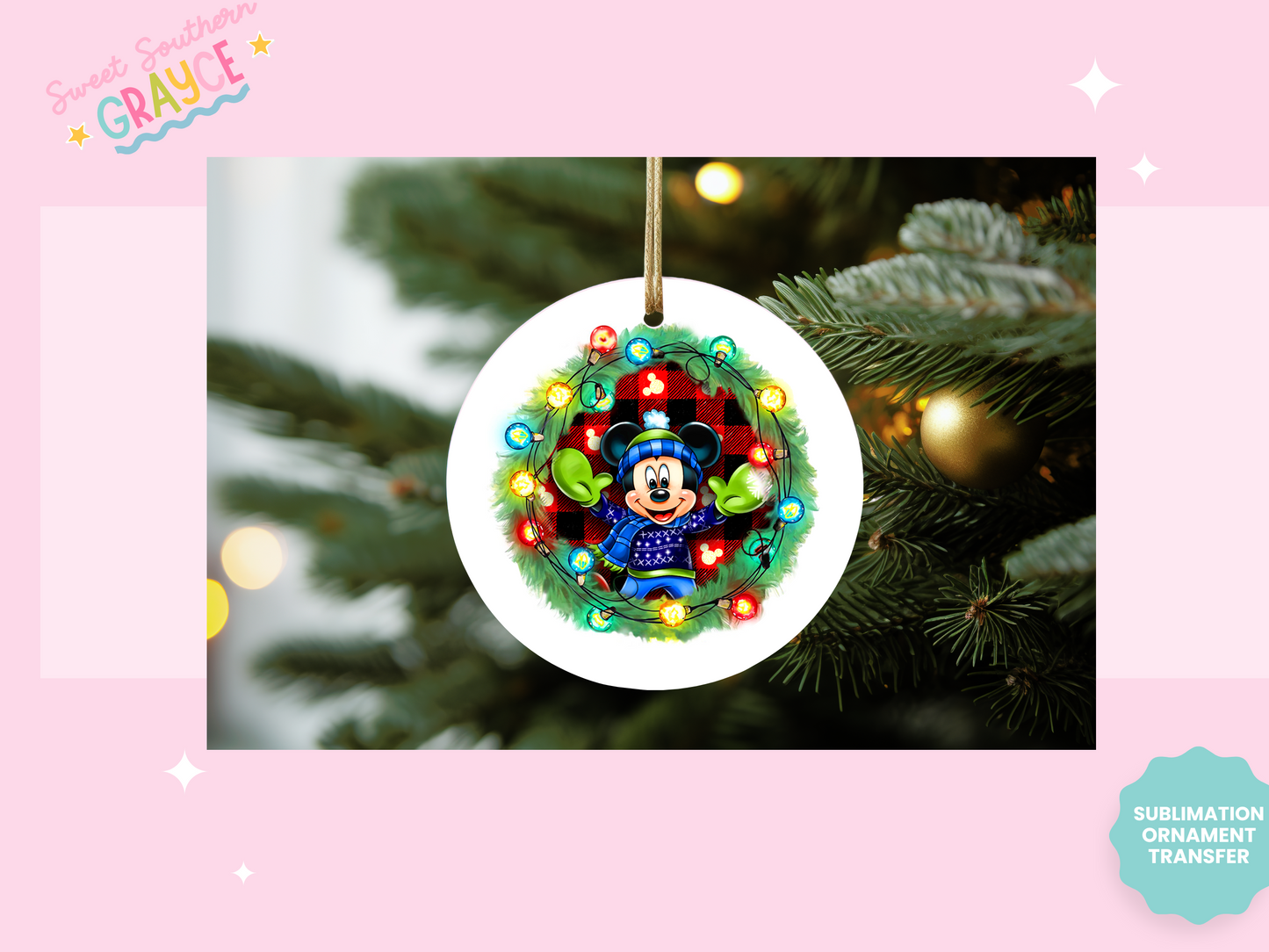 ORNAMENT SUBLIMATION TRANSFER - GREEN FLANNEL BLUE DRESSED BOY MOUSE