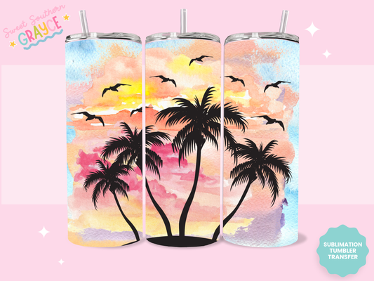 20oz SUBLIMATION TRANSFER - PALM TREES SUNSET BEACH