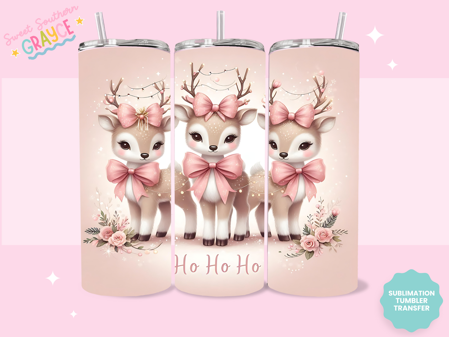 20oz SUBLIMATION TRANSFER - PINK BOW REINDEERS