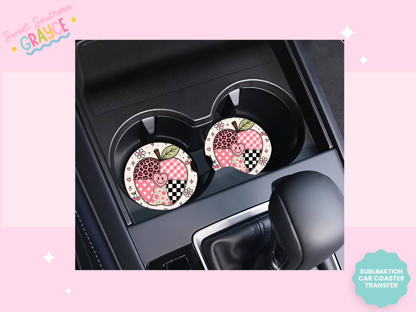 CAR COASTER SUBLIMATION TRANSFER - PINK CHECKERED APPLE