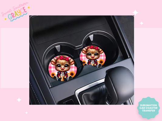CAR COASTER SUBLIMATION TRANSFER - PINK CHECKERED HEIFER