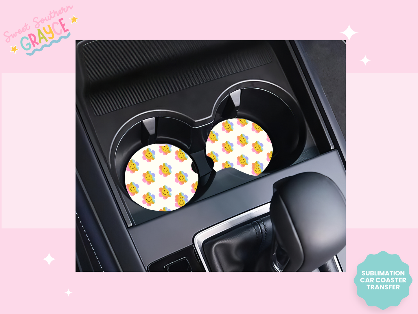 CAR COASTER SUBLIMATION TRANSFER - RAINBOW SMILIES