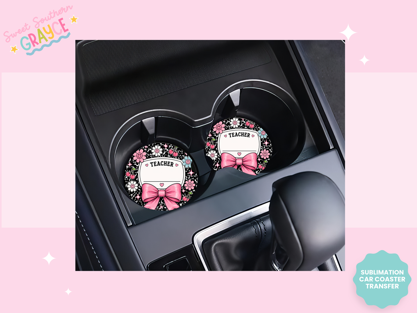 CAR COASTER SUBLIMATION TRANSFER - TEACHER PINK BOW
