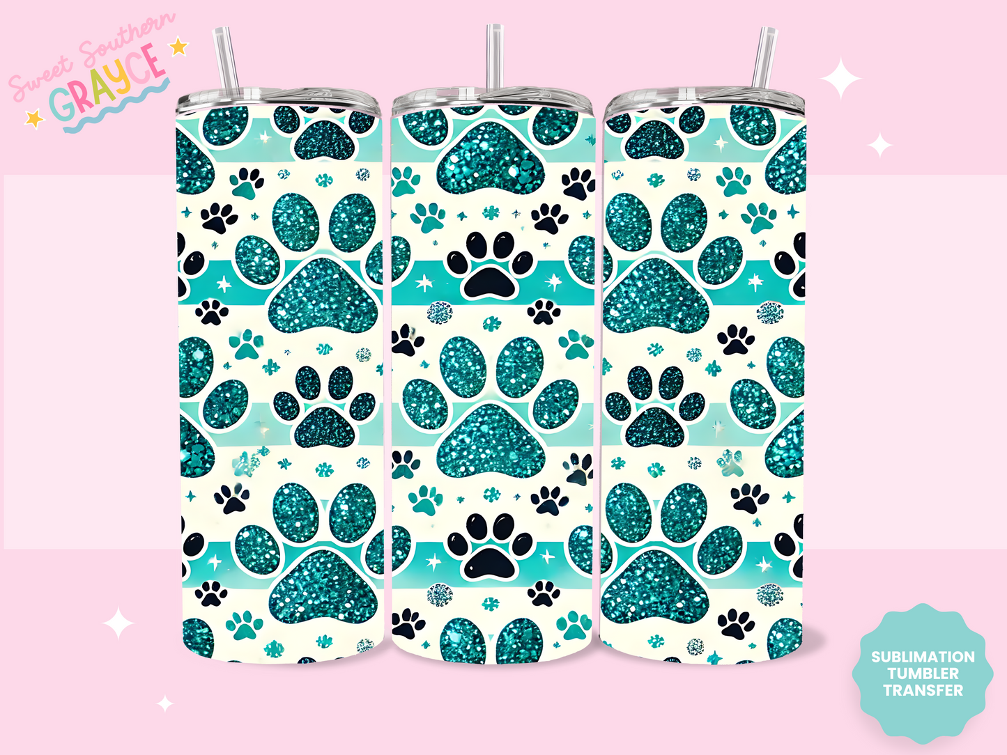 20oz SUBLIMATION TRANSFER - TEAL GLITTER PAWS