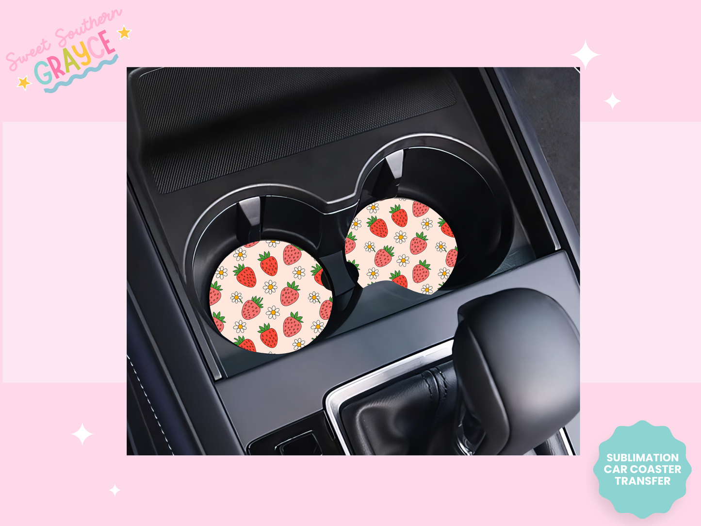 CAR COASTER SUBLIMATION TRANSFER - STRAWBERRIES AND DAISIES