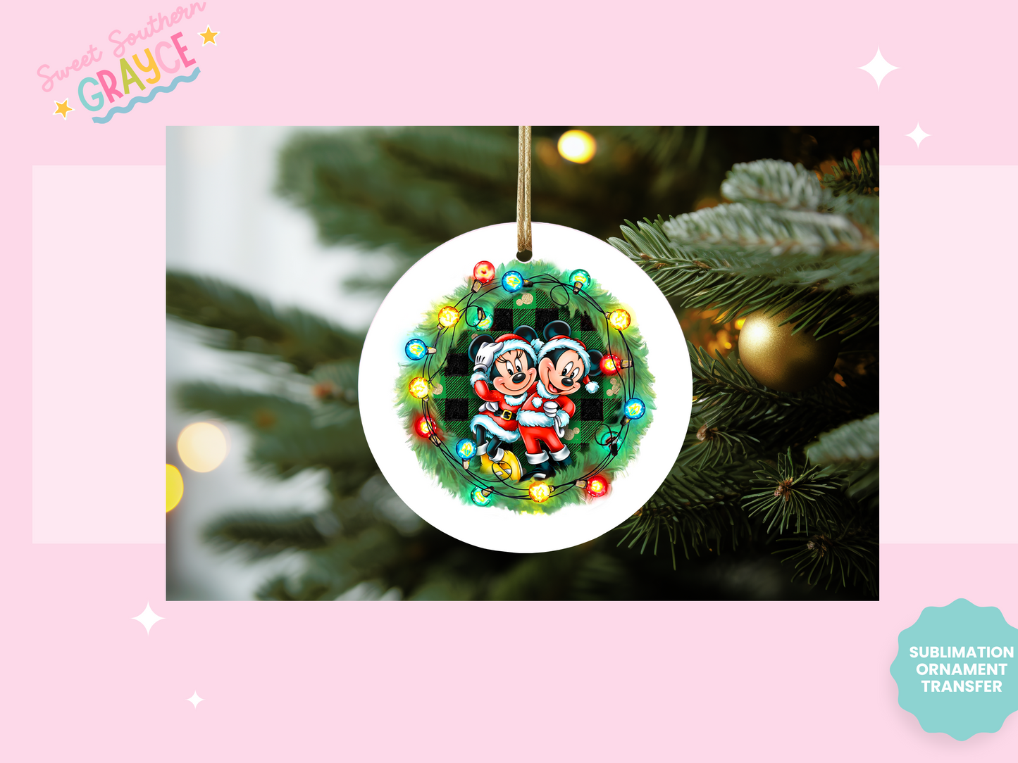 ORNAMENT SUBLIMATION TRANSFER - GREEN FLANNEL BOY AND GIRL MOUSE POSING