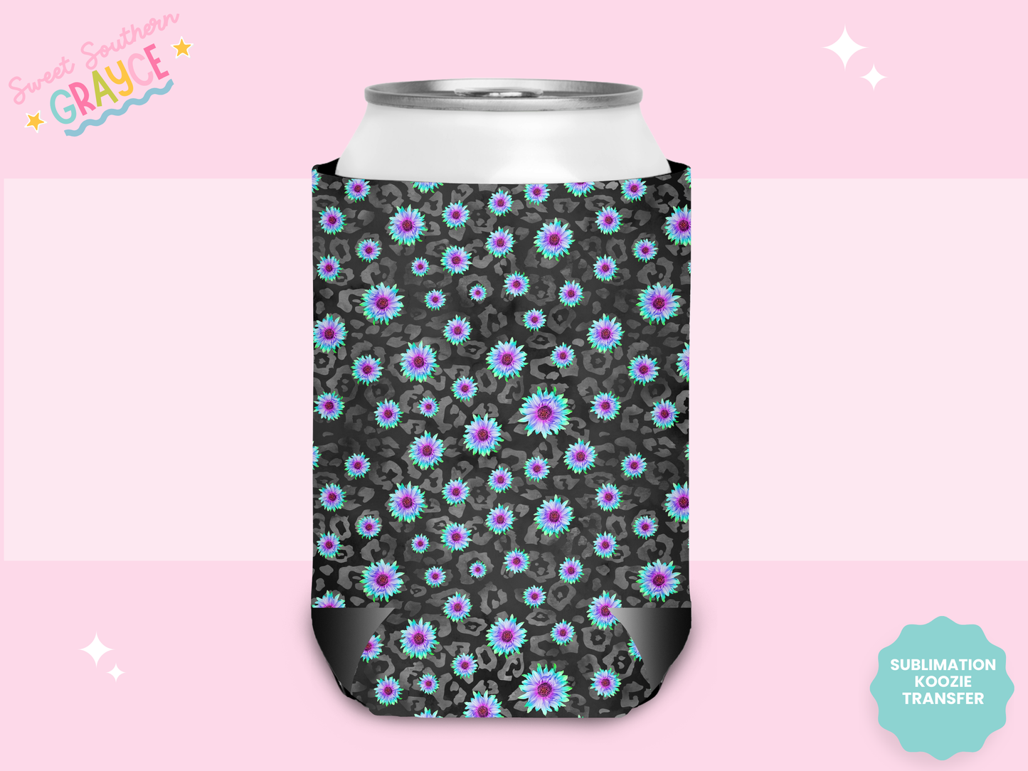 CAN KOOZIE SUB TRANSFER - PURPLE BLUE FLOWERS