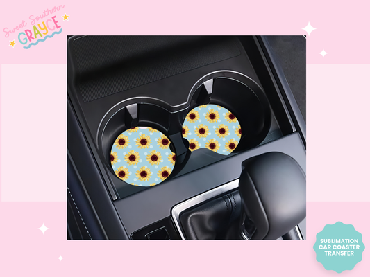 CAR COASTER SUBLIMATION TRANSFER - BLUE POLKA DOT SUNFLOWERS