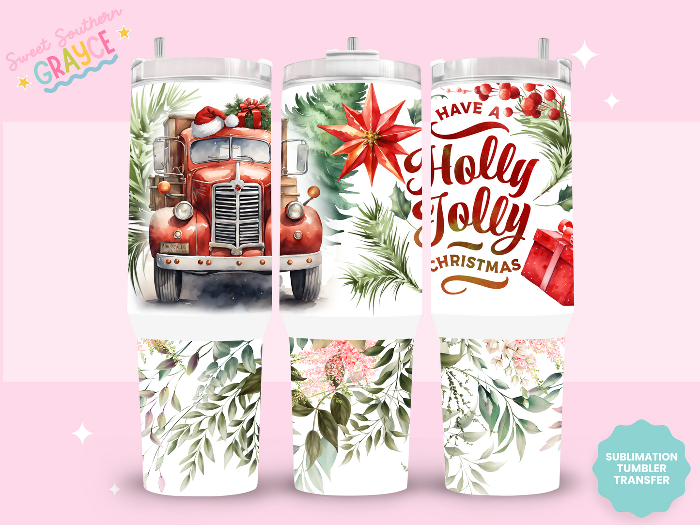 40oz SUBLIMATION TRANSFER- HOLLY JOLLY RED TRUCK