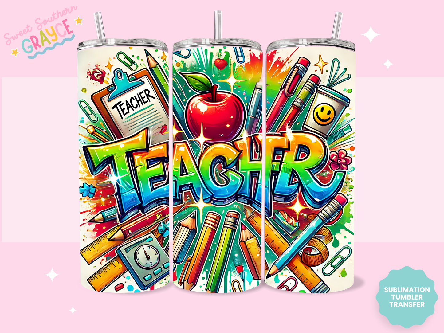 20oz SUBLIMATION TRANSFER - COLORFUL TEACHER PENCILS