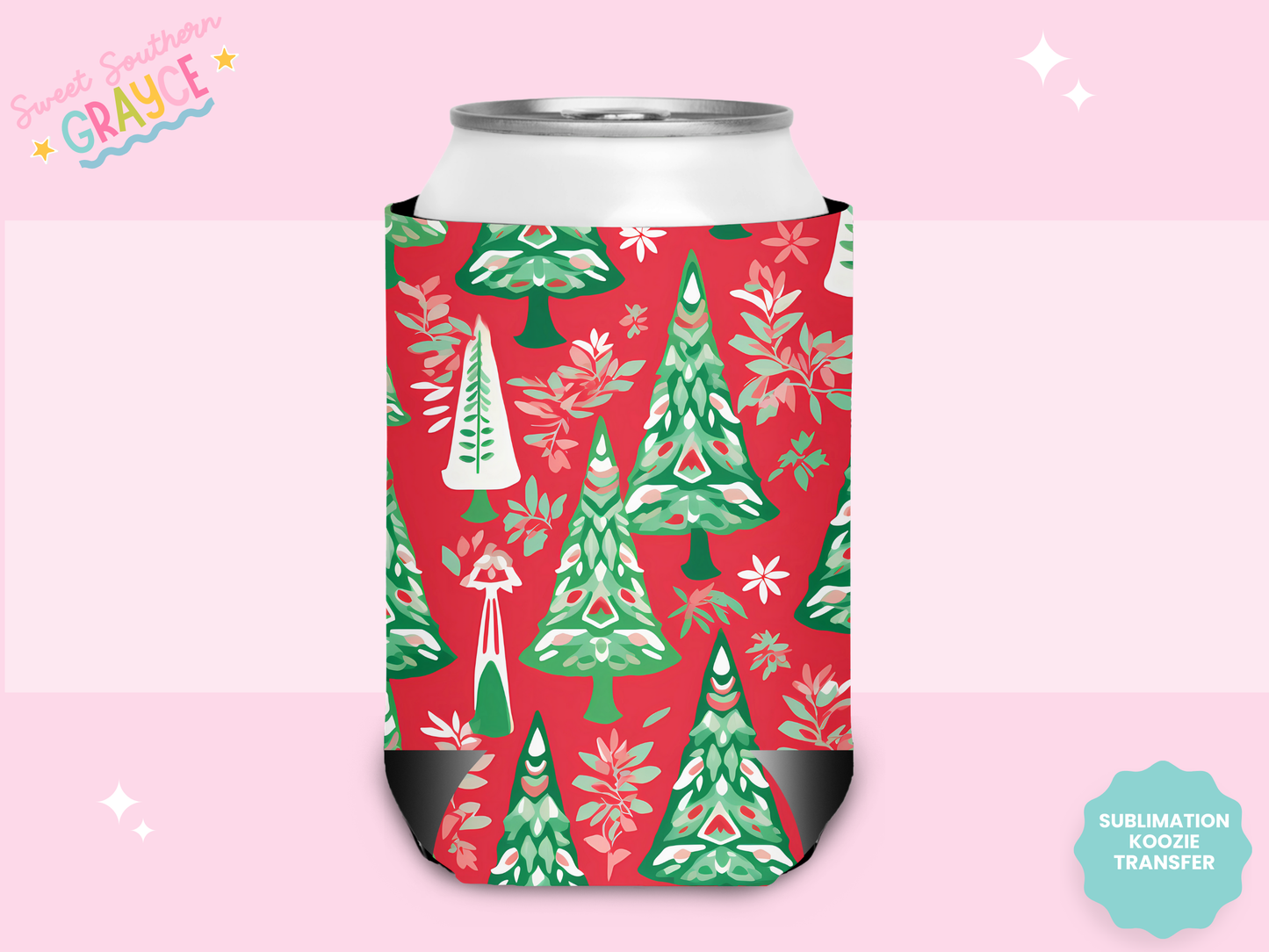 CAN KOOZIE SUB TRANSFER - RED CHRISTMAS TREES