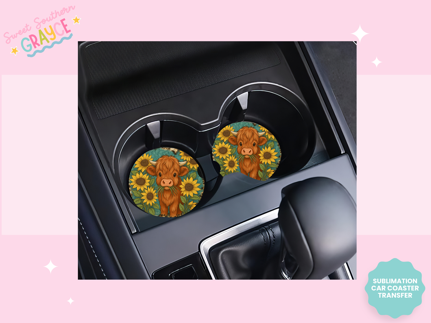 CAR COASTER SUBLIMATION TRANSFER - SUNFLOWER BABY HEIFER