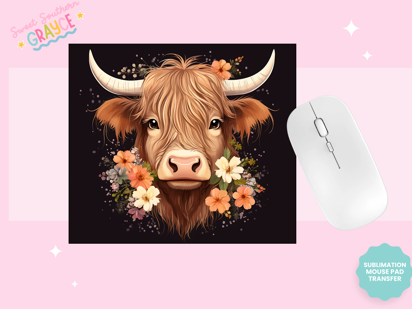 MOUSE PAD SUBLIMATION TRANSFER - FLORAL HEIFER