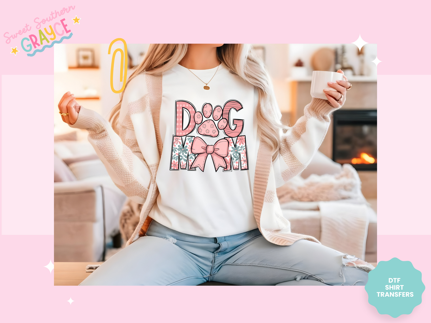 DTF TRANSFER - DOG MOM PINK BOW