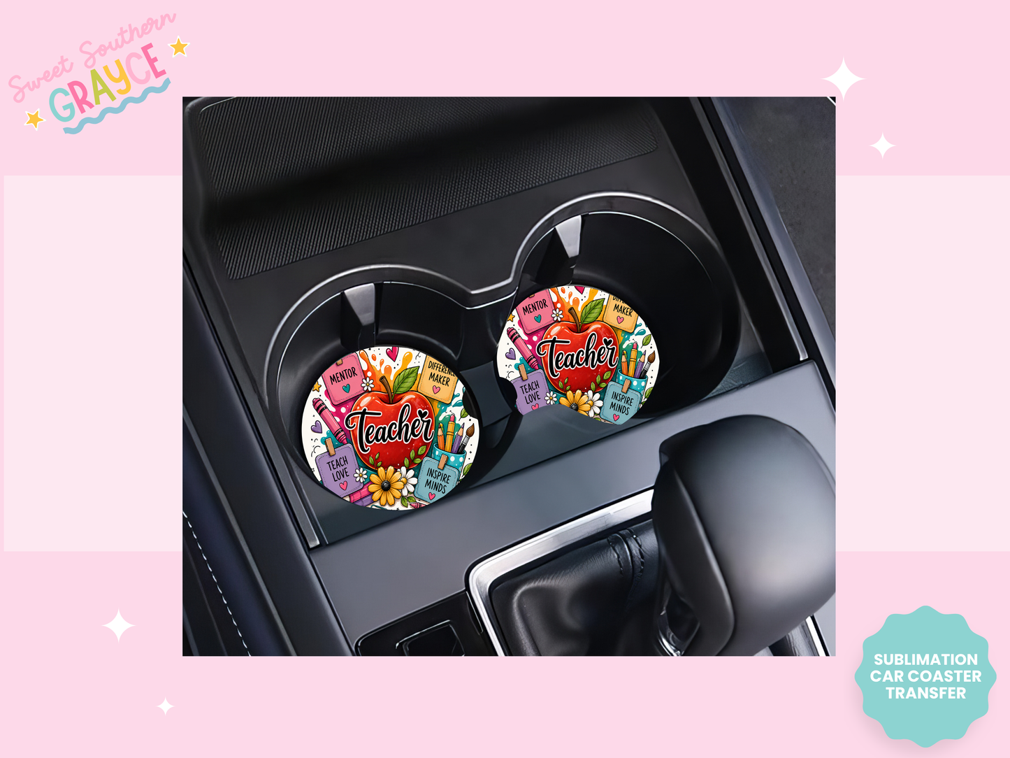 CAR COASTER SUBLIMATION TRANSFER - TEACHER APPLE