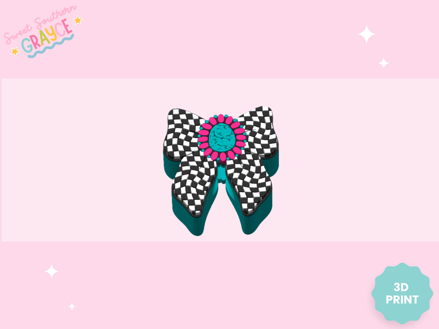 3D STRAW TOPPER- CHECKERED TURQ BOW