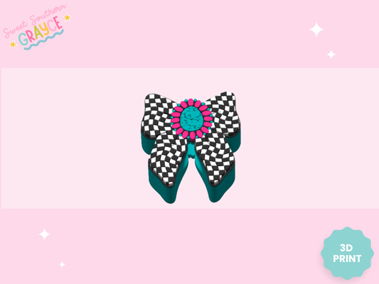 3D STRAW TOPPER- CHECKERED TURQ BOW